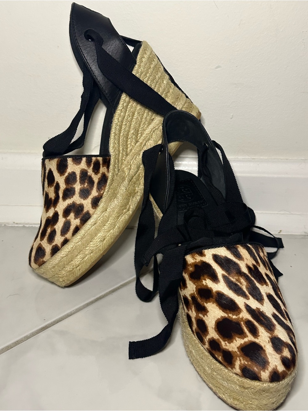 Tory Burch Platform Espadrille Elisa Wedge Wrap Ankle Cow Hair Leopard 9